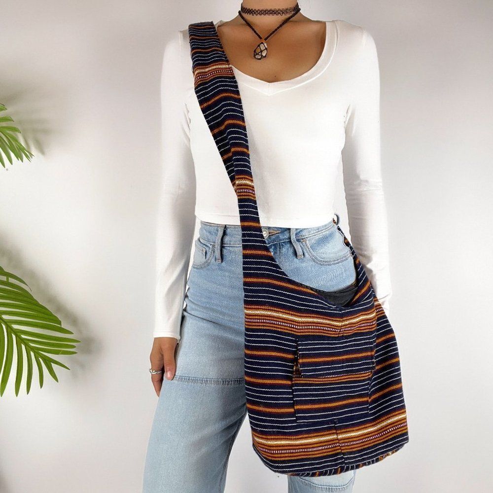 Vintage Y2K Blue Striped Indie Boho Crossbody Hippie Hobo Tote Bag Purse